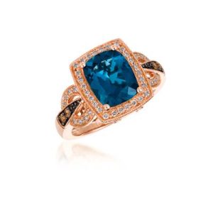 Le Vian Chocolatier® Ring featuring 3 cts. Deep Sea Blue Topaz™, 1/10 cts. Chocolate Diamonds® , 1/4 cts. Vanilla Diamonds® set in 14K Strawberry Gold®