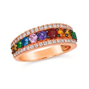 Le Vian® Ring featuring 1/4 cts. Pomegranate Garnet™, 1/5 cts. Spessartite, 1/6 cts. Forest Green Tsavorite™, 1/6 cts. Bubble Gum Pink Sapphire™, 1/6 cts. Blueberry Sapphire™, 1/6 cts. Dark Spessartite, 1/8 cts. Dark Amethyst, 1/2 cts. Nude Diamonds™ set in 14K Strawberry Gold®