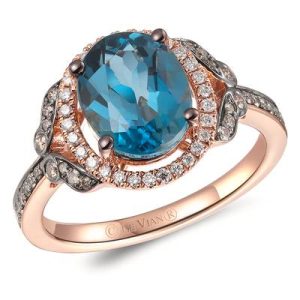Le Vian Chocolatier® Ring featuring 3 cts. Deep Sea Blue Topaz™, 1/6 cts. Chocolate Diamonds® , 1/8 cts. Vanilla Diamonds® set in 14K Strawberry Gold®