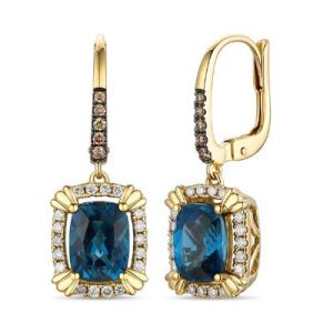 Le Vian® Earrings featuring 2 1/2 cts. Deep Sea Blue Topaz™, 1/10 cts. Chocolate Diamonds® , 1/4 cts. Nude Diamonds™ set in 14K Honey Gold™