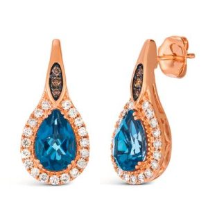 Le Vian® Earrings featuring 2 5/8 cts. Deep Sea Blue Topaz™, 3/8 cts. Nude Diamonds™, 1/20 cts. Chocolate Diamonds® set in 14K Strawberry Gold®